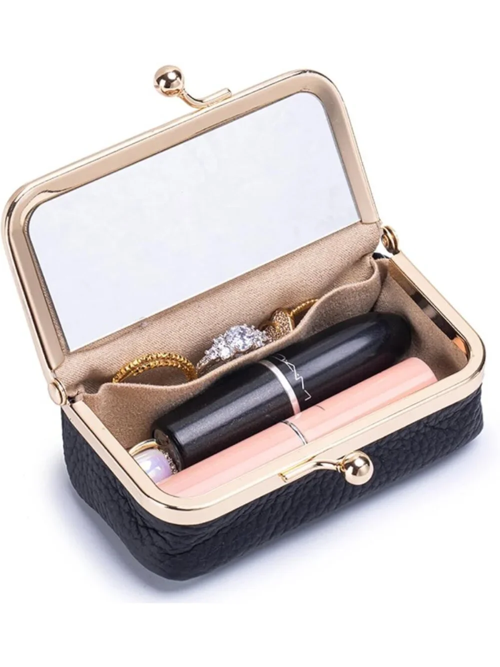 Mini Genuine Leather Travel Jewelry Box & Organizer with Mirror - Cute Gift for